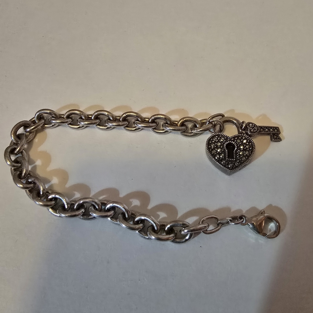 Silver Marcasite Heart Lock Link Bracelet